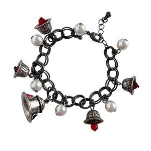 Vintage Silver Bells Faux Pearl Charm Bracelet